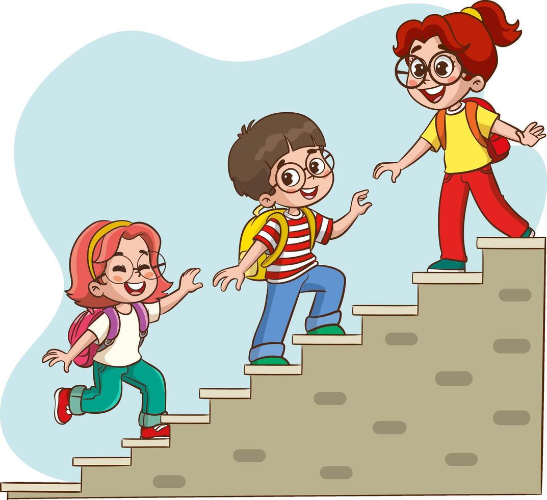 Cute children climb the stairs of success by working as a teamwork partnership vector