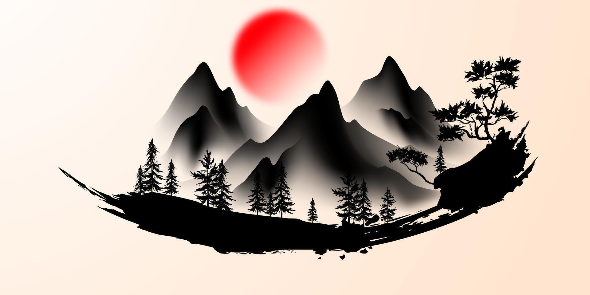 Modern design vector illustration of beautiful Chinese ink landscape painting.