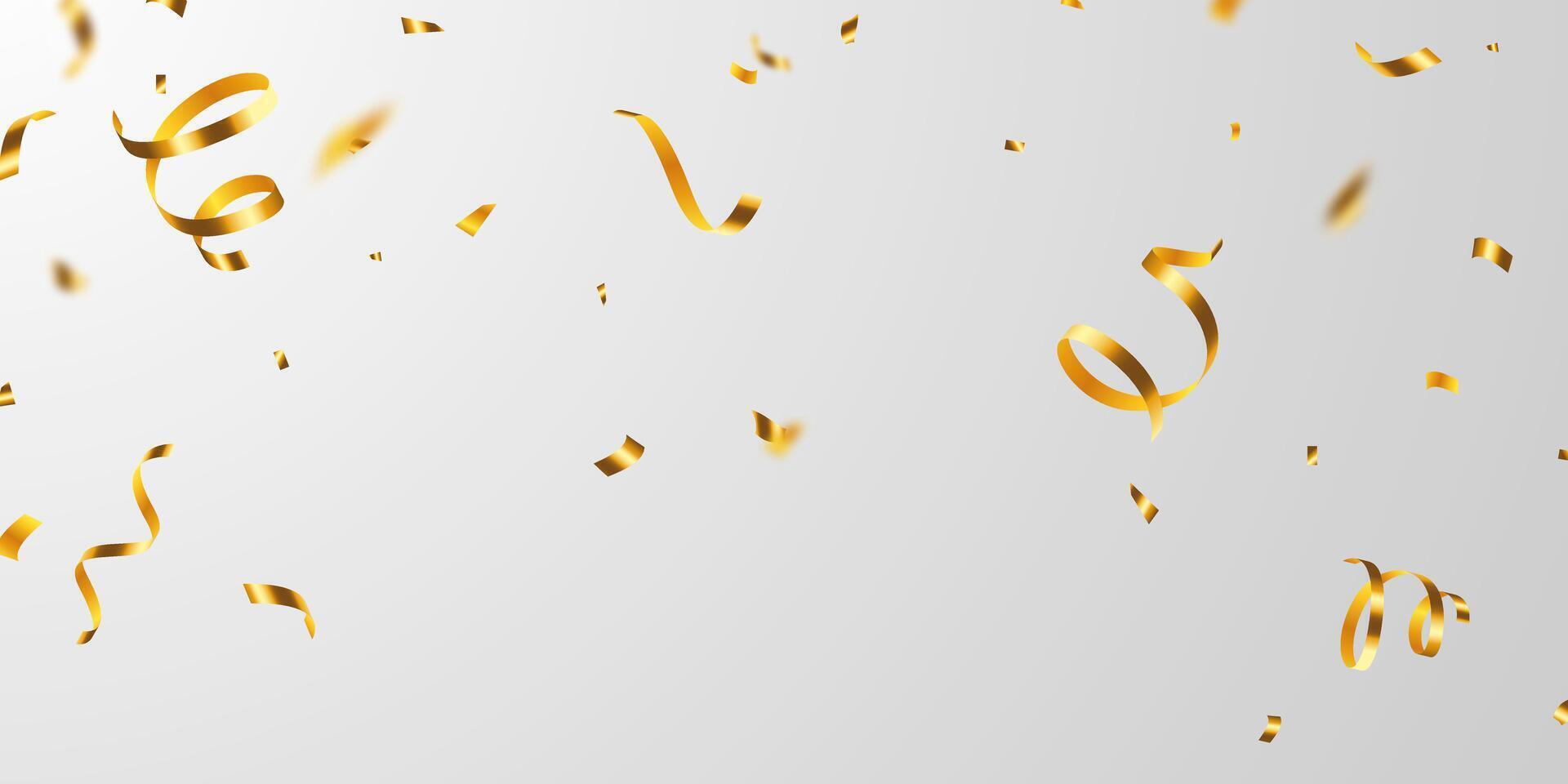 Golden confetti and zigzag ribbon falling from above streamer, tinsel vector