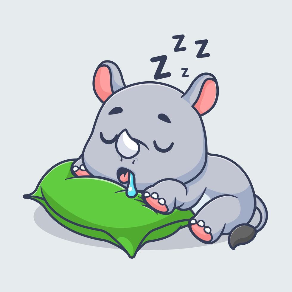 Cute rhino sleeping with pillow cartoon vector icon illustration. animal nature icon concept isolated vector flat cartoon style