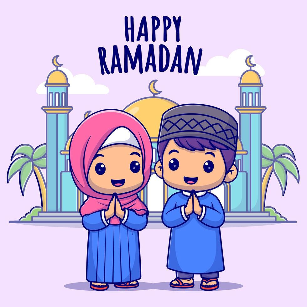 Cute girl and boy moslem for happy ramadan cartoon vector icon illustration.