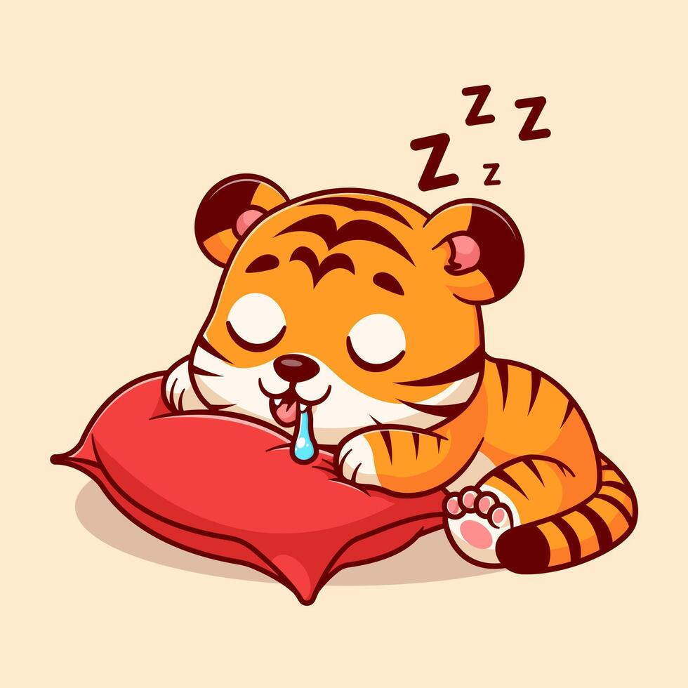 Cute tiger sleeping with pillow cartoon vector icon illustration. animal nature icon concept isolated vector flat cartoon style