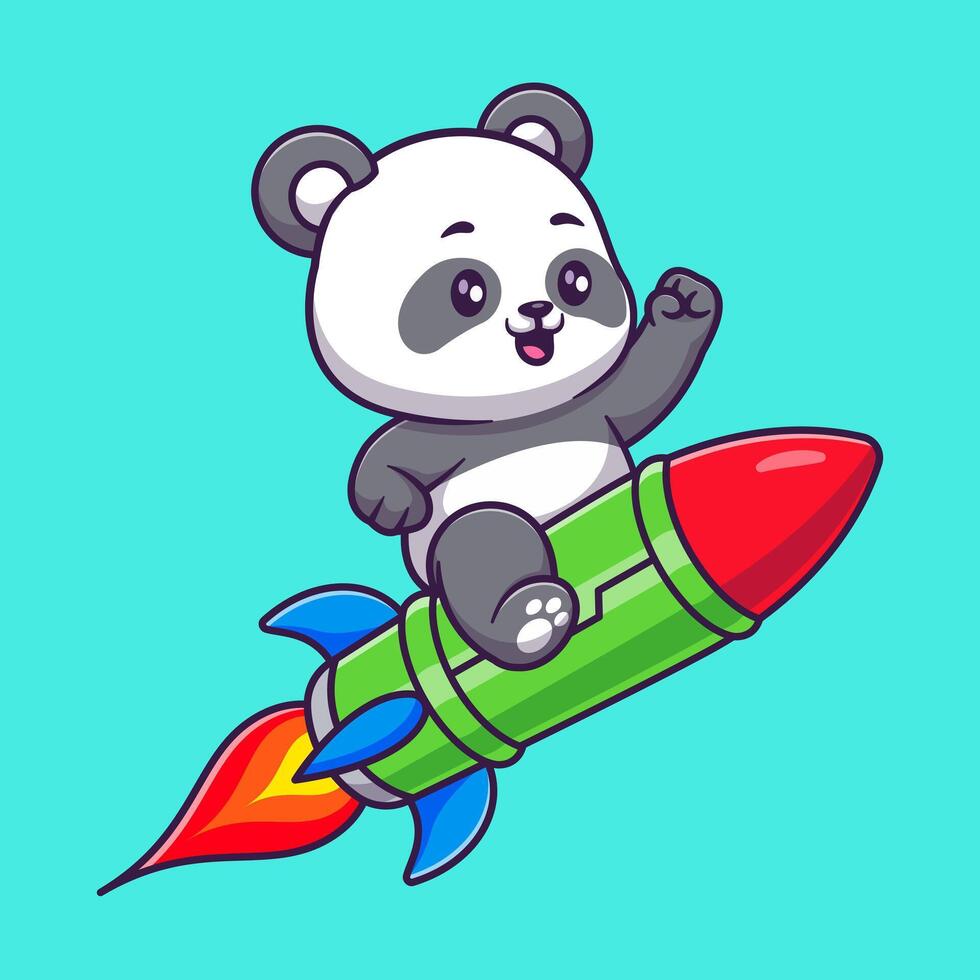 linda panda montando bambú cohete dibujos animados vector icono ilustración animal transporte aislado