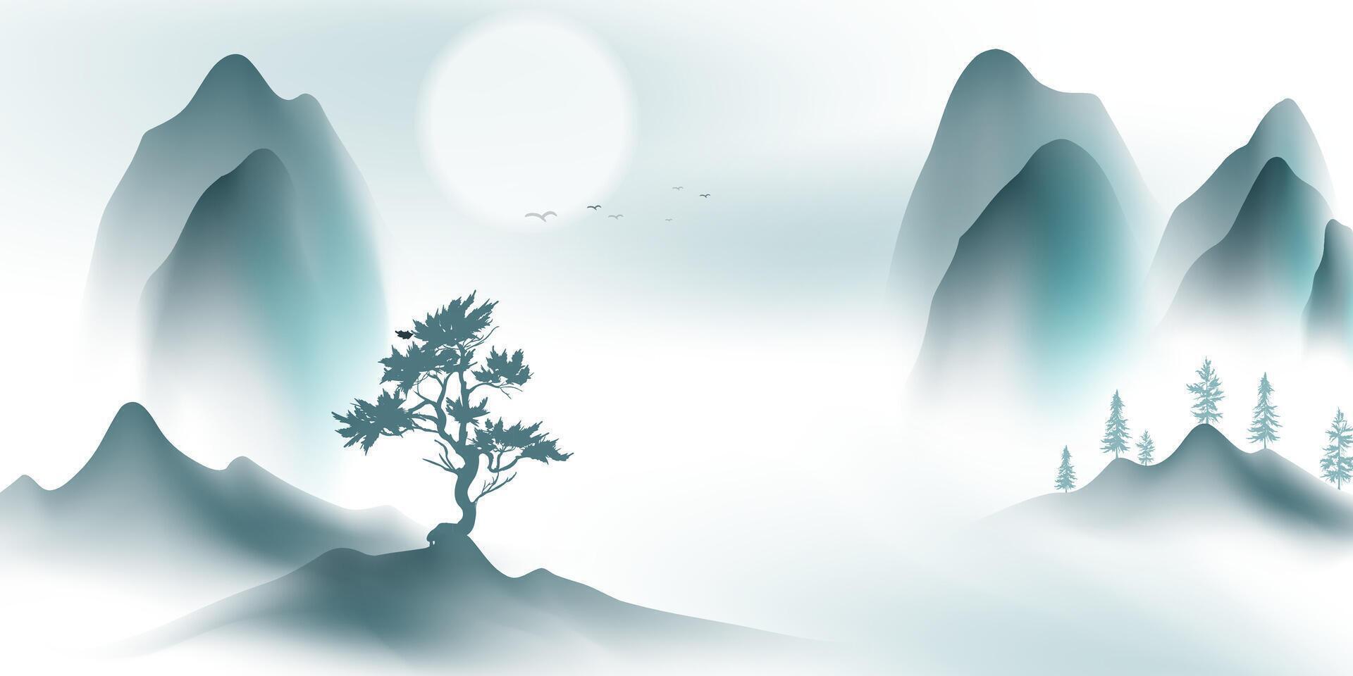 Modern design vector illustration of beautiful Chinese ink landscape painting.