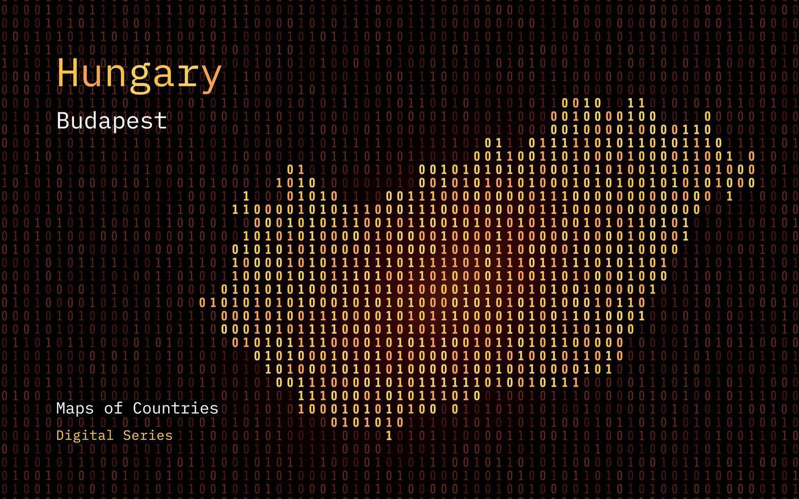 Hungary Map Shown in Binary Code Pattern. Matrix numbers, zero, one. World Countries Vector Maps. Digital Series