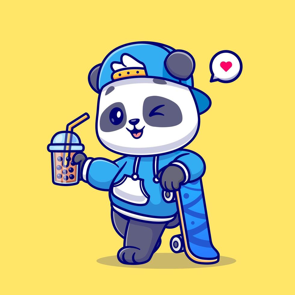 Cute Panda Drink Boba Milk Tea With Skateboard Cartoon Vector Icon Illustration. Animal Drink Icon Concept Isolated Premium Vector. Flat Cartoon Style