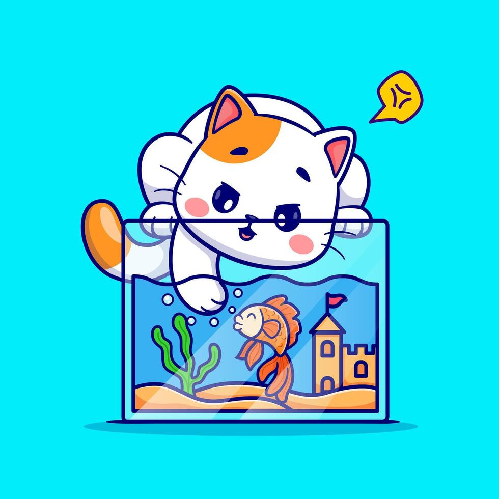 Cute Cat Playing With Fish In Aquarium Cartoon Vector Icon Illustration. Animal Nature Icon Concept Isolated Premium Vector. Flat Cartoon Style