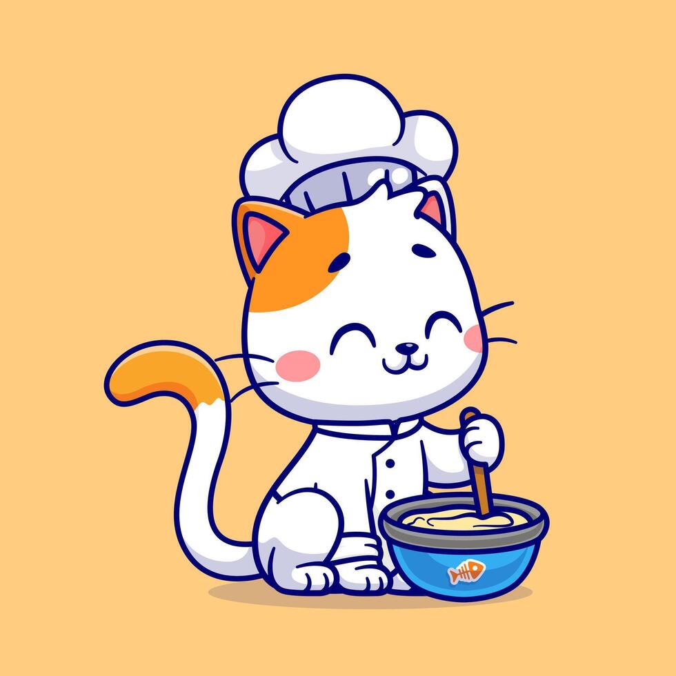 Cute Cat Chef Cooking Cartoon Vector Icon Illustration. Animal Food Icon Concept Isolated Premium Vector. Flat Cartoon Style