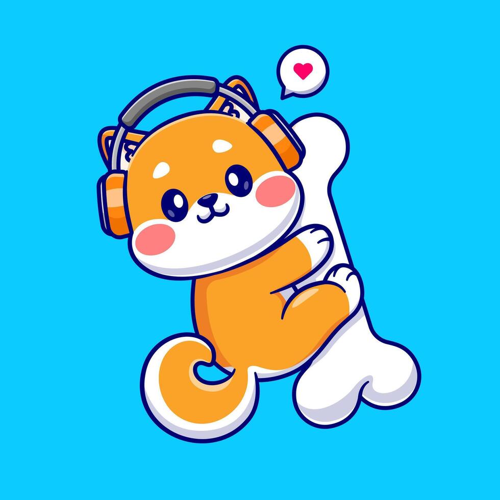 Cute Shiba Inu Hug Bone With Headphone Cartoon Vector Icon Illustration. Animal Nature Icon Concept Isolated Premium Vector. Flat Cartoon Style