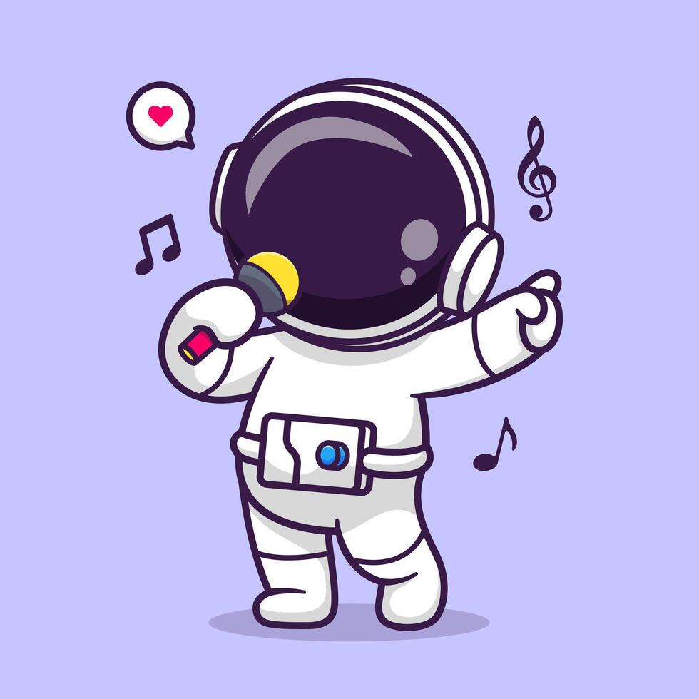 Cute Astronaut Singing With Microphone And Headphone Cartoon Vector Icon Illustration. Science Technology Icon Concept Isolated Premium Vector. Flat Cartoon Style