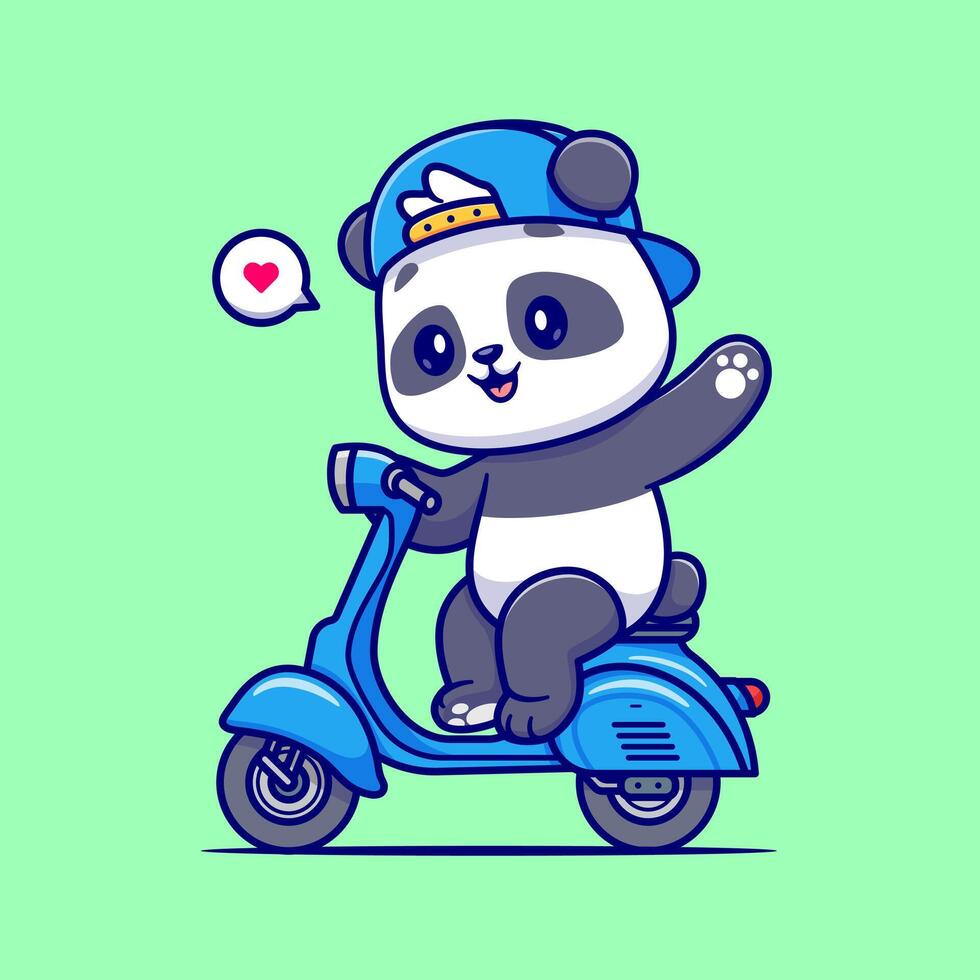 Cute Panda Waving Hand On Scooter Cartoon Vector Icon Illustration. Animal Transportation Icon Concept Isolated Premium Vector. Flat Cartoon Style