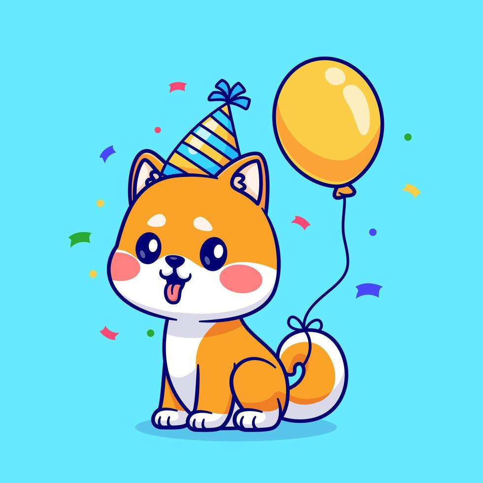 Cute Shiba Inu Dog Birthday Party With Balloon Cartoon Vector Icon Illustration. Animal Holiday Icon Concept Isolated Premium Vector. Flat Cartoon Style