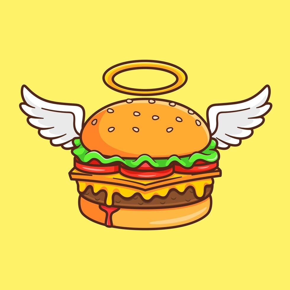 Angel Burger Flying Cartoon Vector Icon Illustration. Food Object Icon Concept Isolated Premium Vector. Flat Cartoon Style