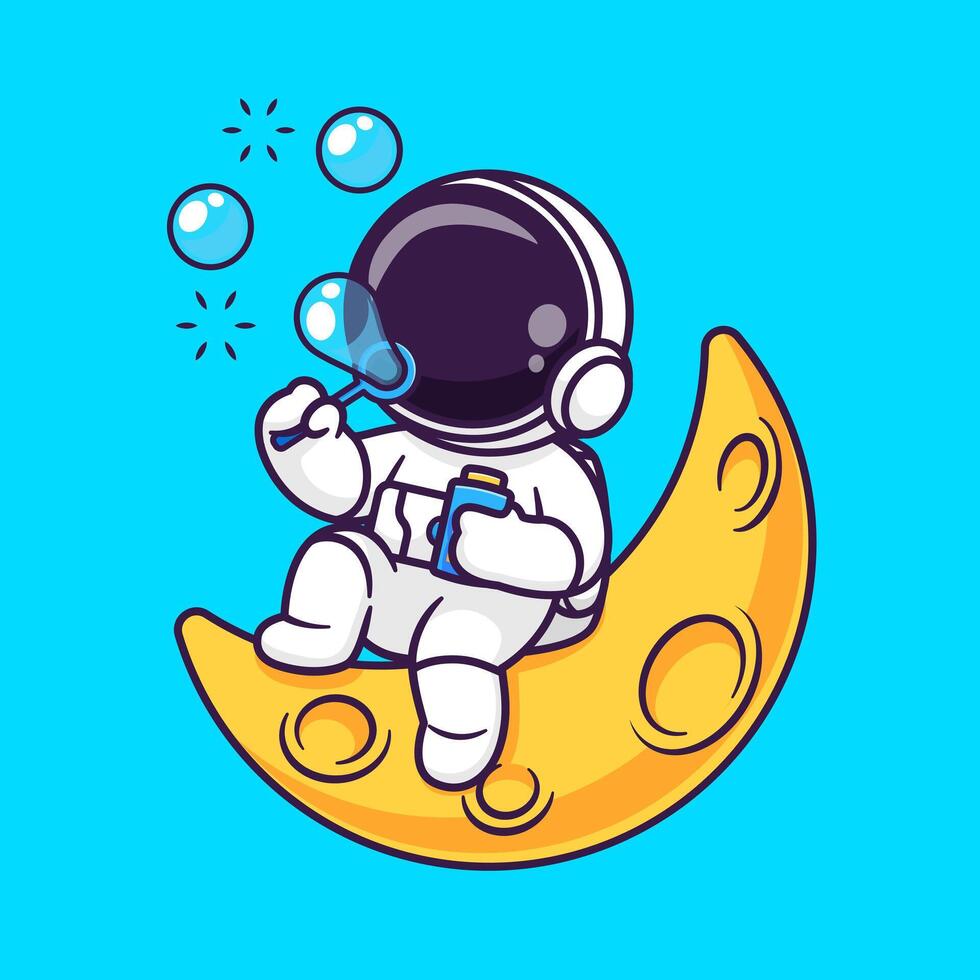 Cute Astronaut Blowing Bubble On Moon Cartoon Vector Icon Illustration. Science Technology Icon Concept Isolated Premium Vector. Flat Cartoon Style