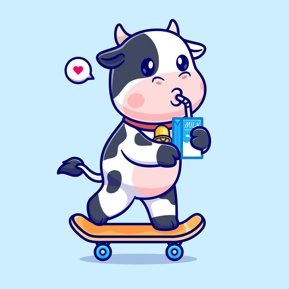 Cute Cow Drinking Milk On Skateboard Cartoon Vector Icon Illustration. Animal Sport Icon Concept Isolated Premium Vector. Flat Cartoon Style