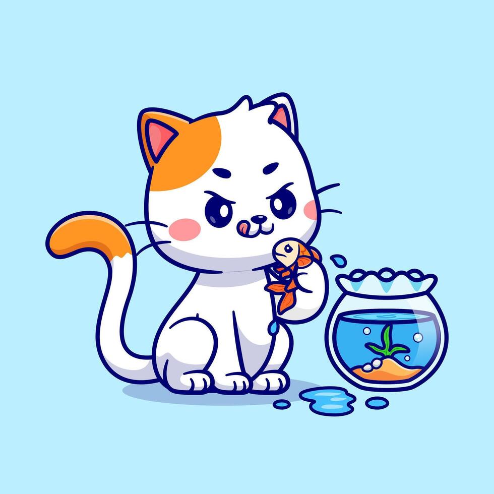Cute Cat Holding Fish Cartoon Vector Icon Illustration. Animal Nature Icon Concept Isolated Premium Vector. Flat Cartoon Style