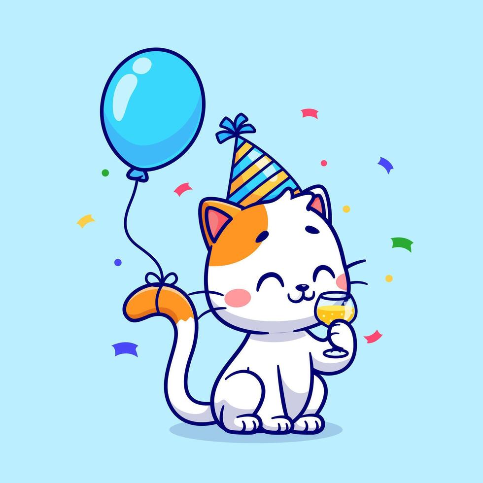 linda gato cumpleaños fiesta con globo dibujos animados vector icono ilustración. animal fiesta icono concepto aislado prima vector. plano dibujos animados estilo
