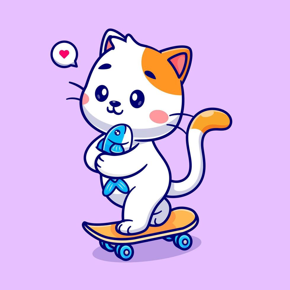 Cute Cat Holding Fish On Skateboard Cartoon Vector Icon Illustration. Animal Sport Icon Concept Isolated Premium Vector. Flat Cartoon Style