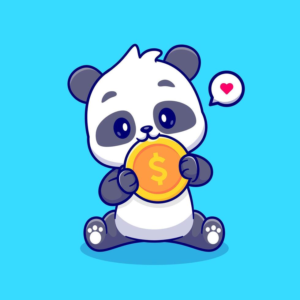 Cute Panda Bite Gold Coin Cartoon Vector Icon Illustration. Animal Finance Icon Concept Isolated Premium Vector. Flat Cartoon Style
