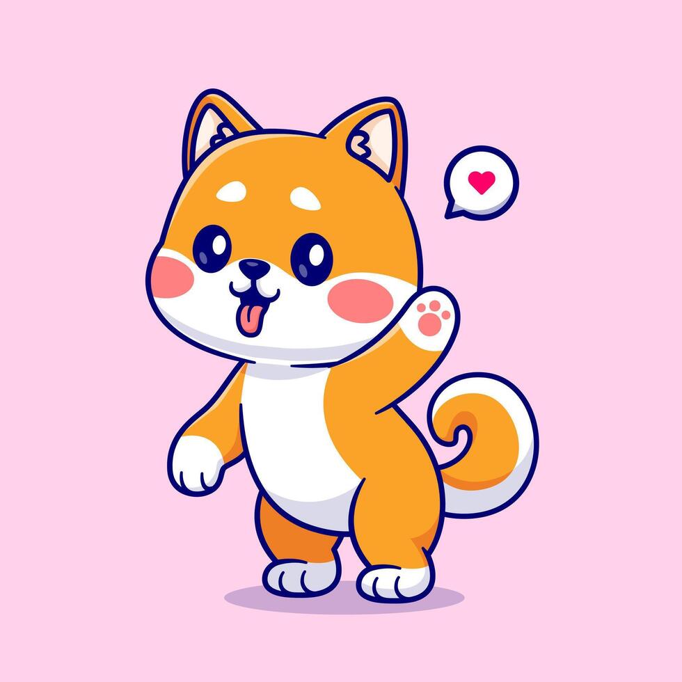 Cute Shiba Inu Standing And Waving Hand Cartoon Vector Icon Illustration. Animal Nature Icon Concept Isolated Premium Vector. Flat Cartoon Style