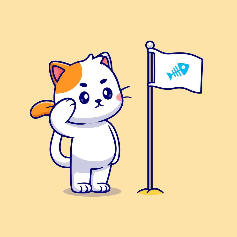 Cute Cat Respect Fish bone Flag Cartoon Vector Icon Illustration. Animal Nature Icon Concept Isolated Premium Vector. Flat Cartoon Style