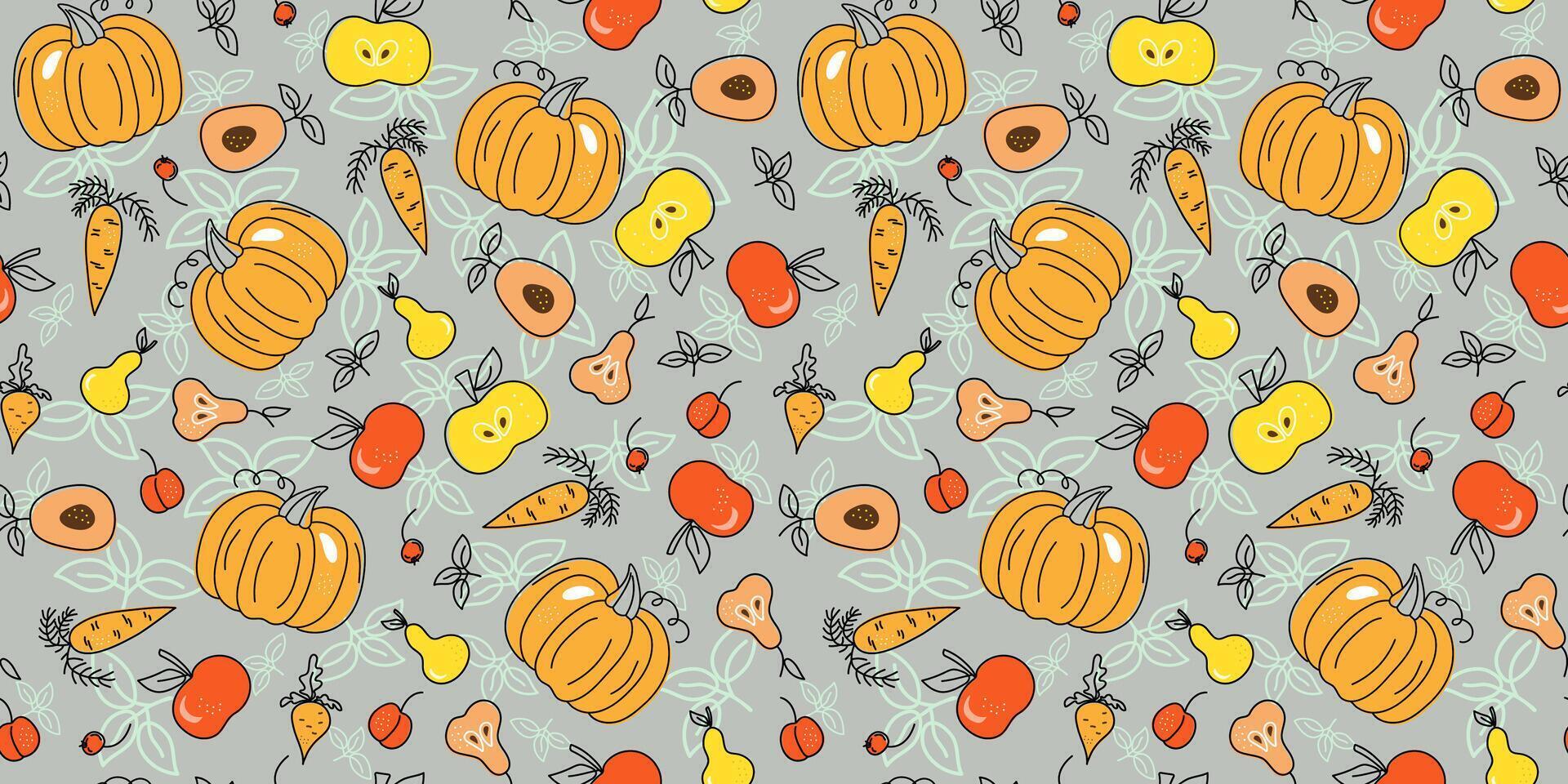 Pattern set of vegetables and fruits. Food, Vegetarianism. Diet food concept. Vector seamless pattern.