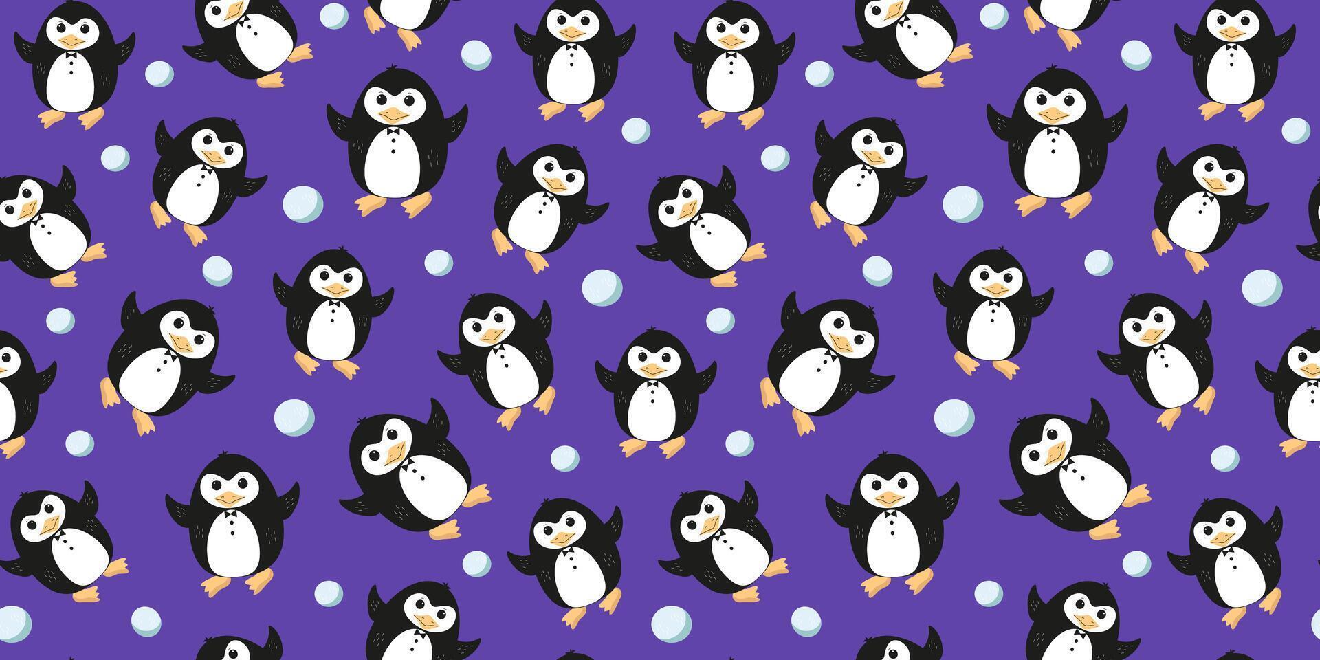 Pattern. Cartoon penguin. Character, Antarctic animal, polar bird, snow. Vector flat cartoon illustration. World Penguin Day. Seamless background.