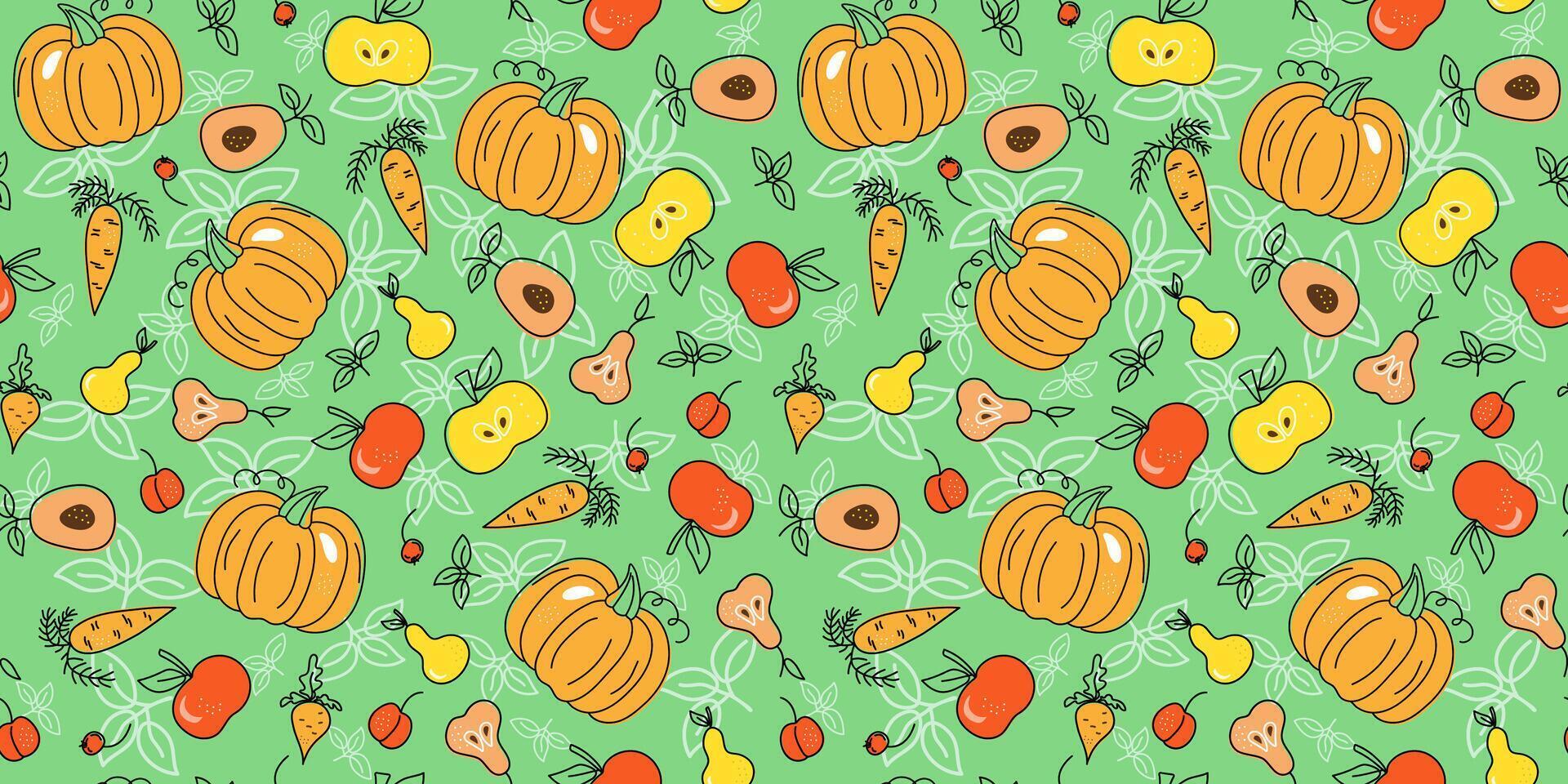 Pattern, vegetables and fruits. Food, Vegetarianism. Diet food concept. Vector seamless pattern.