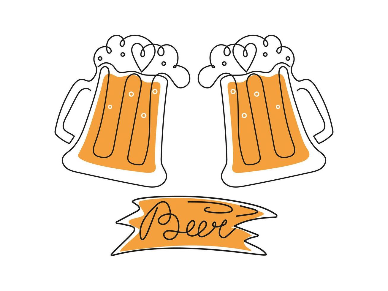 nacional cerveza día. día festivo, cerveza en cerveza tazas línea Arte. de madera firmar con un inscripción. beber. caligrafía, contorno dibujo. vector ilustración, aislado antecedentes.