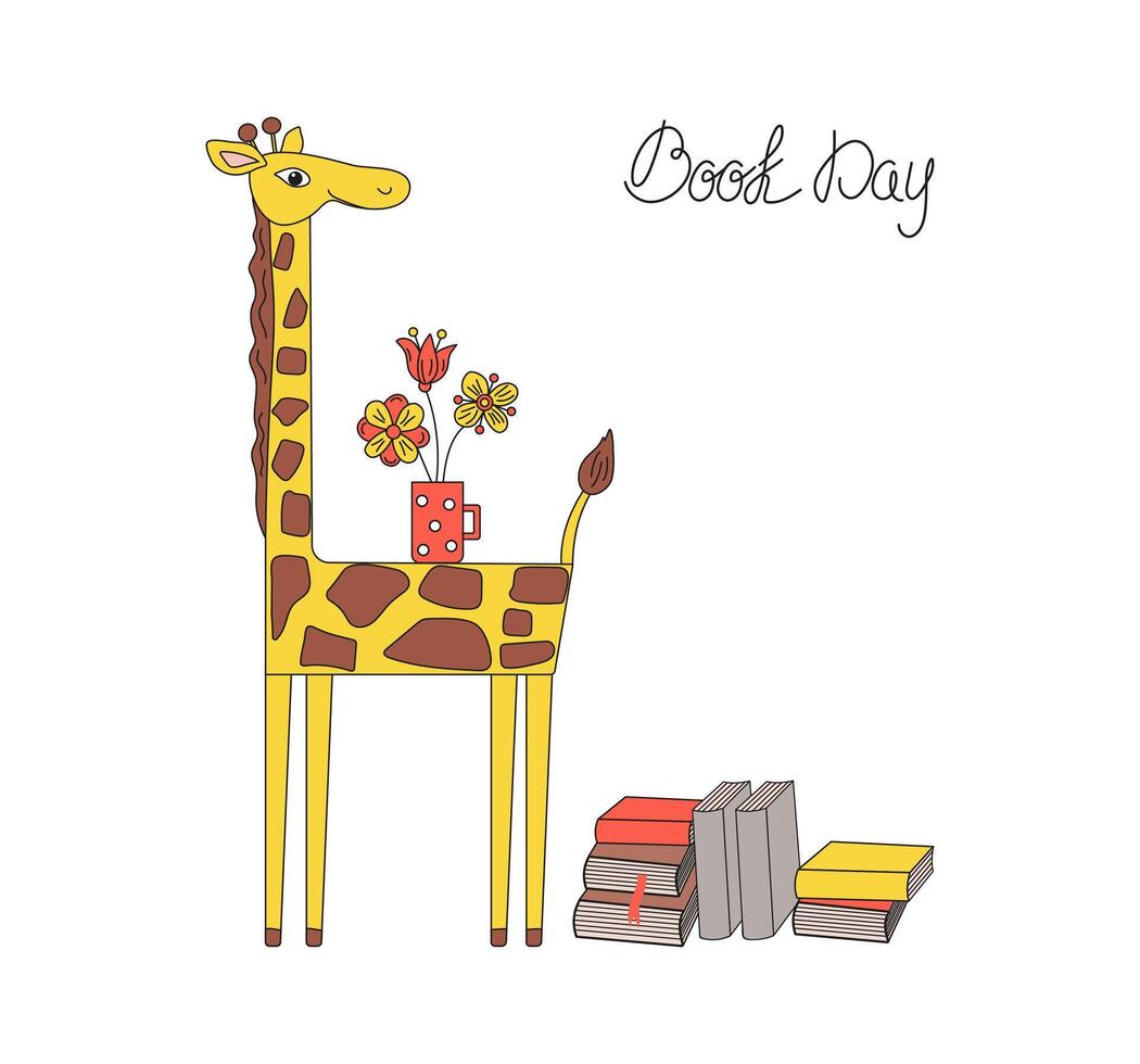 Cartoon giraffe, large stack of books, a mug with flowers. Love of reading and learning concept. African Animal vector