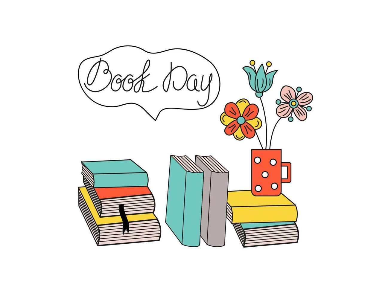 Stacked books, mug with flowers. Calligraphy inscription. Love of reading and learning concepts. vector