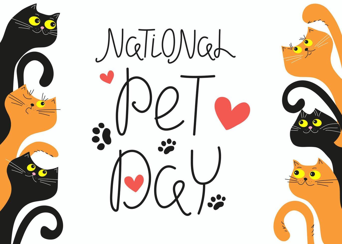 National Pet Day. Cute cartoon cats. 11 April. Inscription, lettering. Footprint, animal paw print, heart shape. Vector background for print design. Holiday social media post and card.