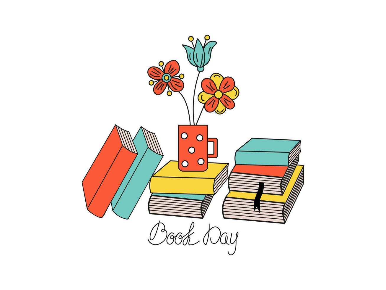 Set. Stacked books, mug with flowers. Calligraphy inscription. Love of reading and learning concepts. vector