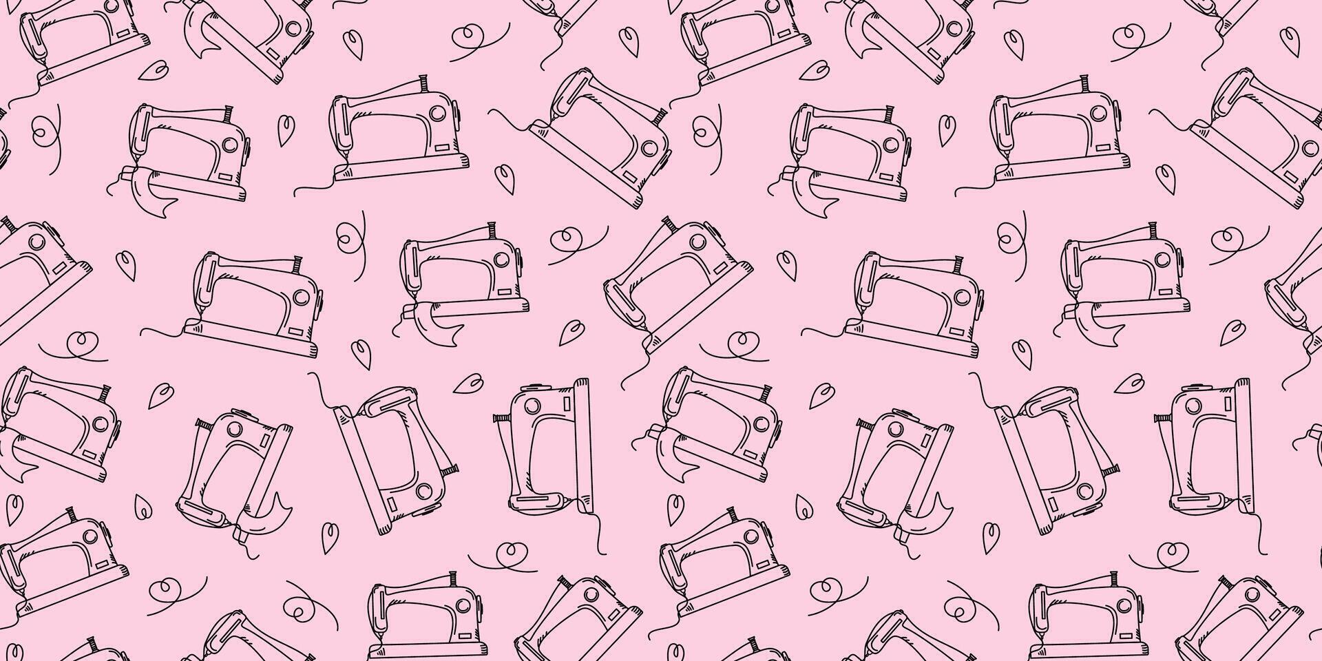 Handmade, hobby. Pattern. Sewing icon. Sewing machine. Drawing, sketch, doodle. Seamless background. vector