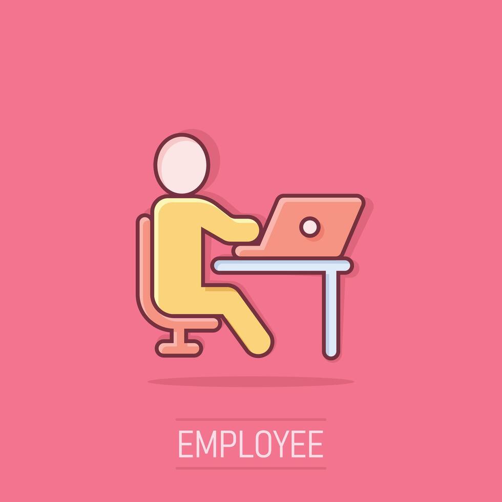 People with laptop computer icon in comic style. Pc user cartoon vector illustration on isolated background. Office manager splash effect business concept.