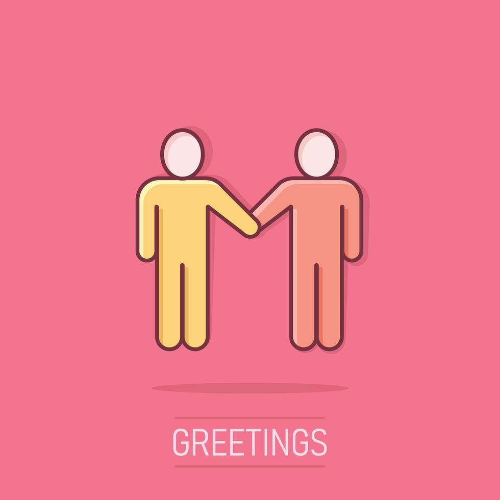 Greetings gesture icon in comic style. People handshake cartoon vector illustration on isolated background. Hand shake splash effect business concept.