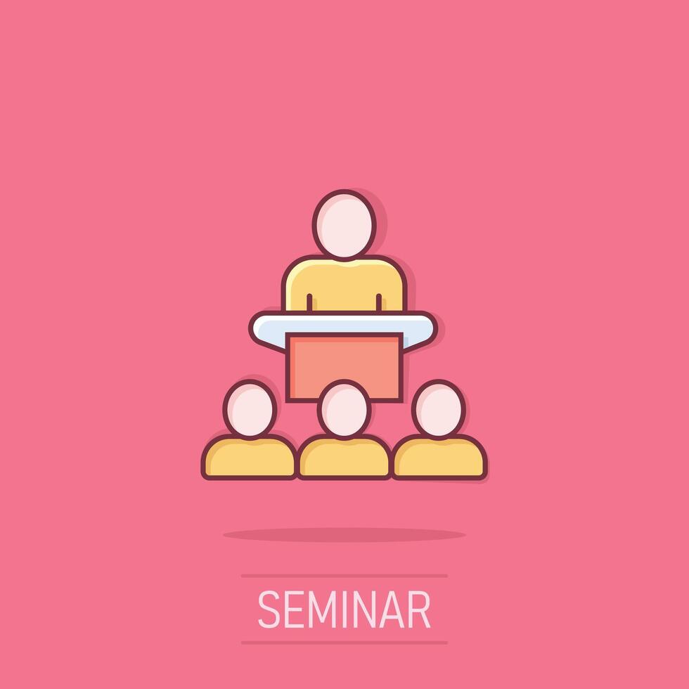 People on podium icon in comic style. Speaker cartoon vector illustration on isolated background. Audience orator splash effect business concept.
