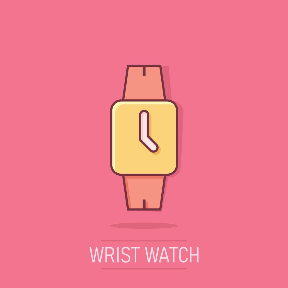 Wrist watch icon in comic style. Hand clock cartoon vector illustration on isolated background. Time bracelet splash effect business concept.