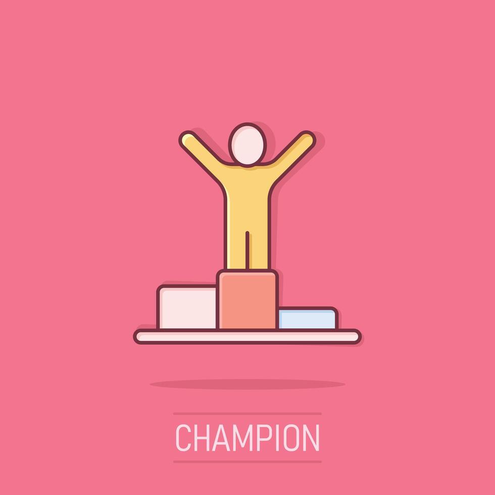 People win icon in comic style. Champion on podium cartoon vector illustration on isolated background. Award ceremony splash effect business concept.