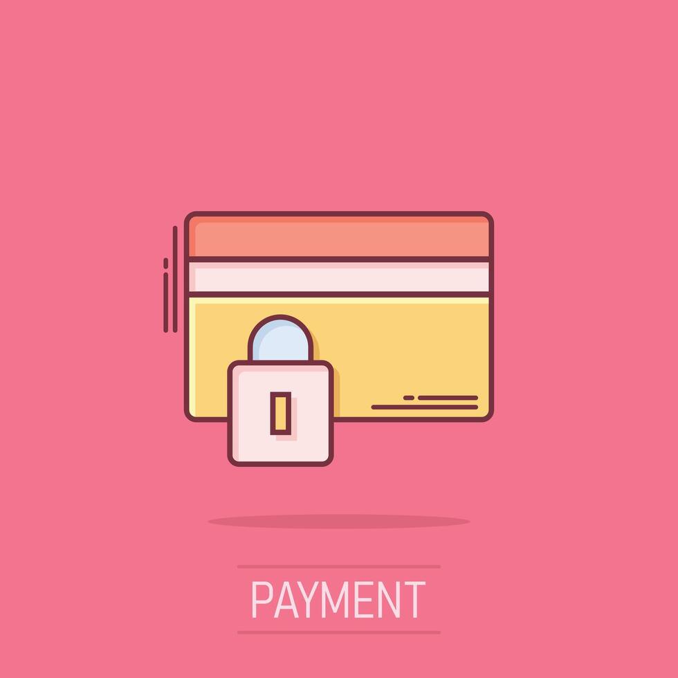 Credit card protection icon in comic style. Safe shopping cartoon vector illustration on isolated background. Commercial padlock splash effect business concept.