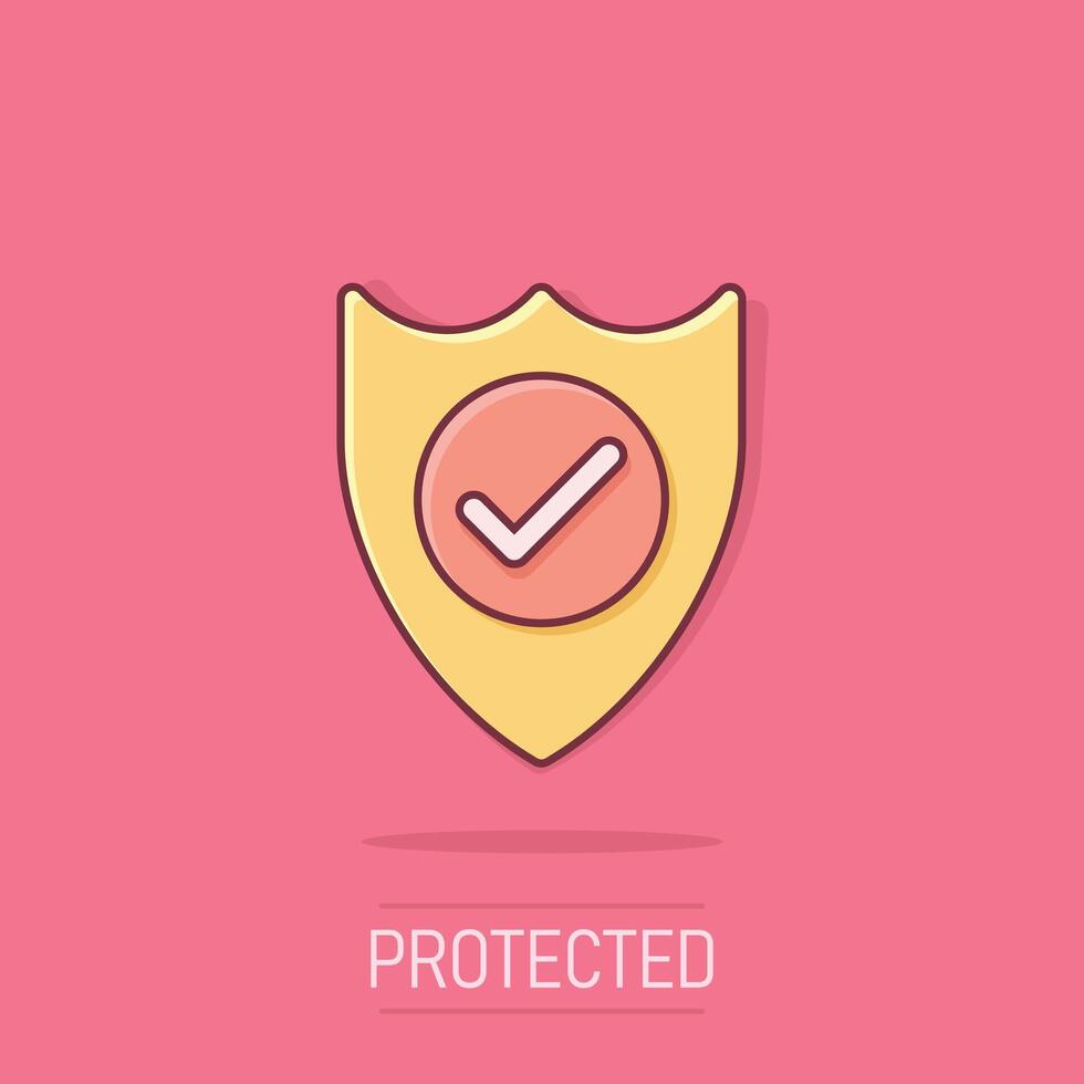 Shield with check mark icon in comic style. Protect cartoon vector illustration on isolated background. Checkmark guard splash effect business concept.