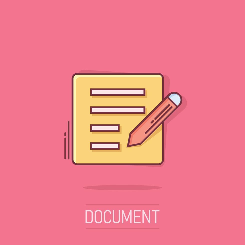 Blogging icon in comic style. Document with pen cartoon vector illustration on isolated background. Content splash effect business concept.