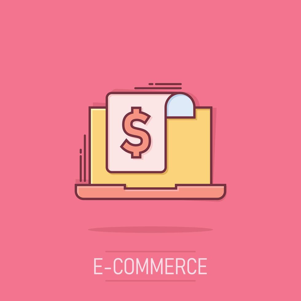 Laptop with money icon in comic style. Computer dollar cartoon vector illustration on isolated background. Finance monitoring splash effect business concept.
