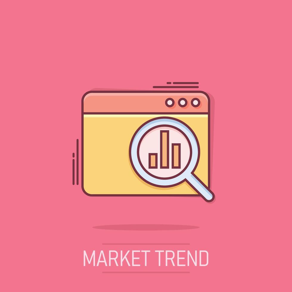 Market trend icon in comic style. Growth arrow with magnifier cartoon vector illustration on isolated background. Increase splash effect business concept.