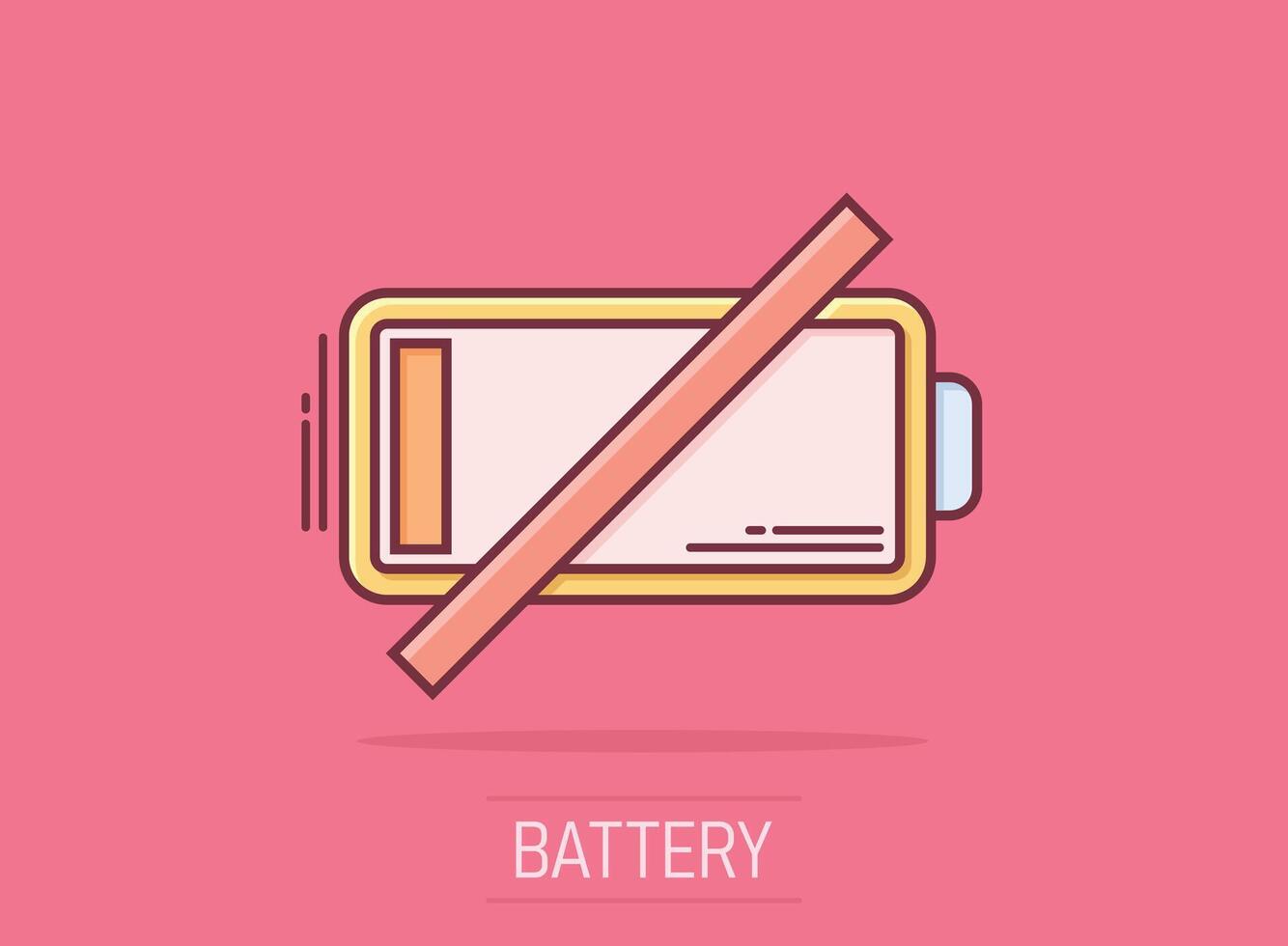 Battery charge icon in comic style. Power level cartoon vector illustration on isolated background. Lithium accumulator splash effect business concept.