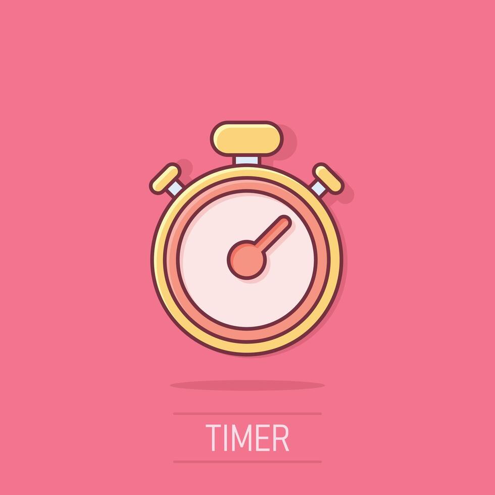 reloj icono en cómic estilo. reloj dibujos animados vector ilustración en aislado antecedentes. Temporizador chapoteo efecto negocio concepto.