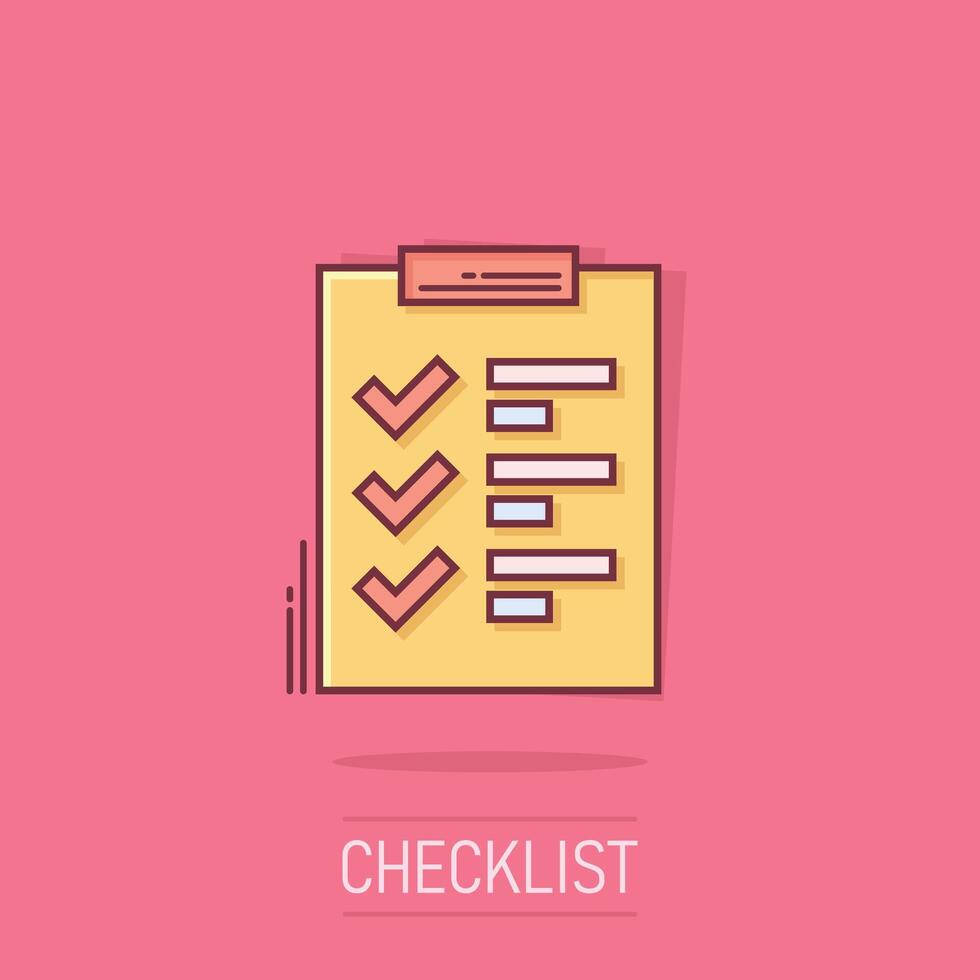 To do list icon in comic style. Document checklist cartoon vector illustration on isolated background. Notepad check mark splash effect business concept.