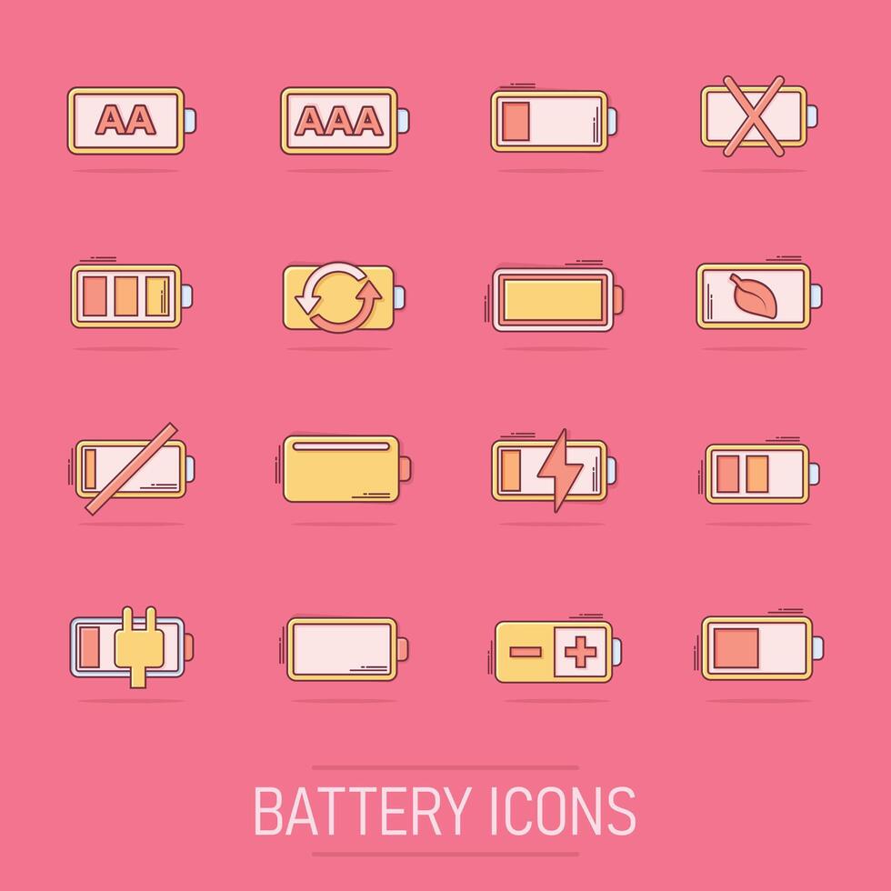 Battery charge icons set in comic style. Power level cartoon vector illustration on isolated background. Lithium accumulator splash effect business concept.