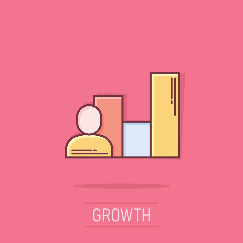 People with growth icon in comic style. Work strategy cartoon vector illustration on isolated background. Office training splash effect business concept.