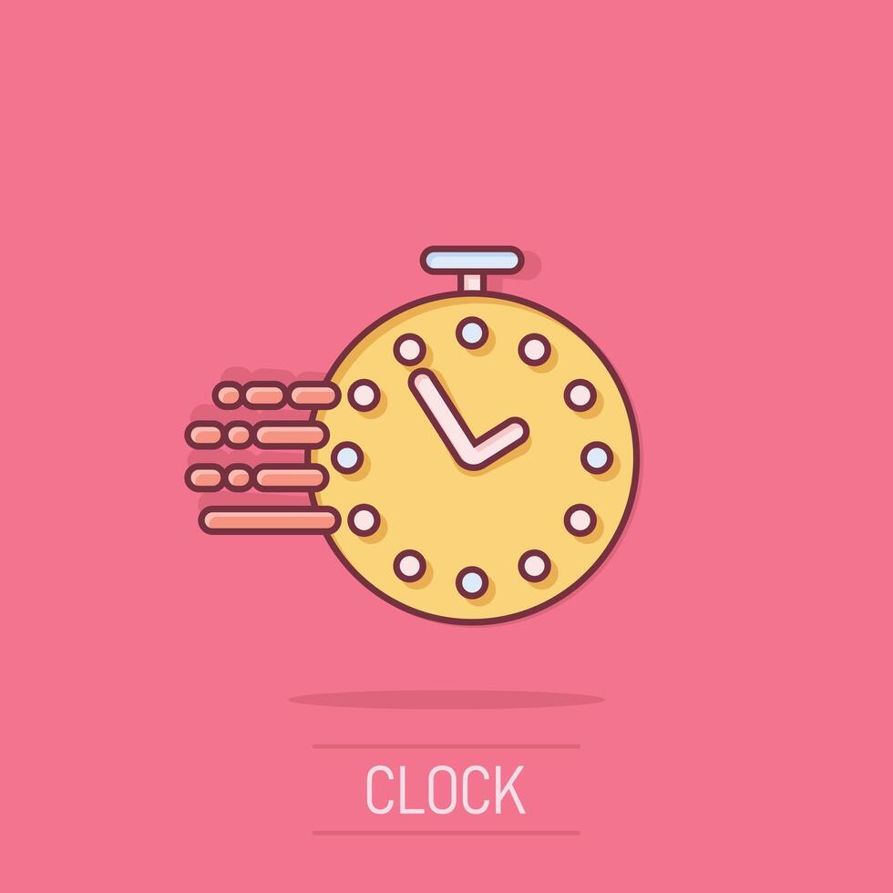 reloj icono en cómic estilo. reloj dibujos animados vector ilustración en aislado antecedentes. Temporizador chapoteo efecto negocio concepto.